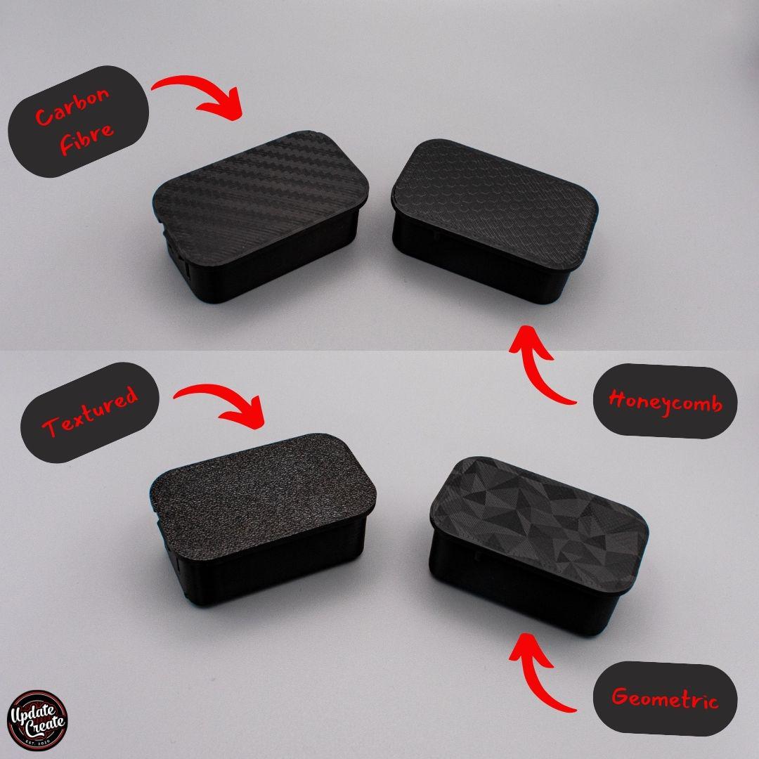 Multiple surface finishes available - carbon fibre, honeycomb, textured and a geometric pattern